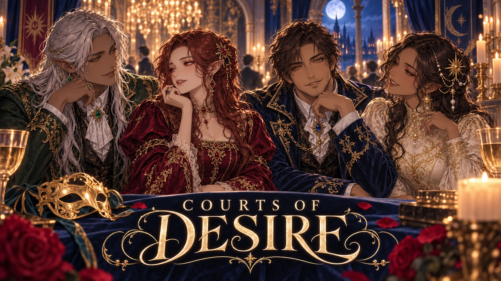 Four elegantly dressed courtiers at a candlelit masquerade, with the Courts of Desire title beneath them.